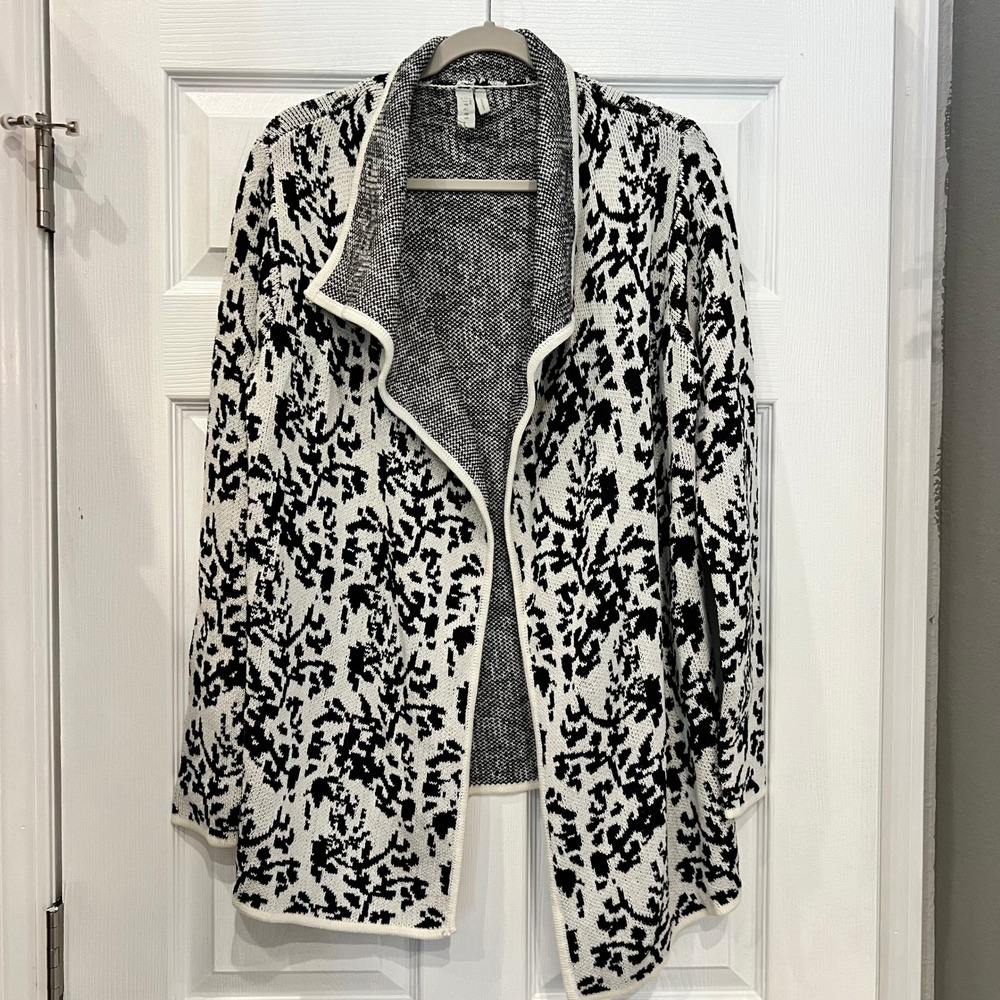 Sahalie Cardigan Cotton Acrylic Abstract Intarsia Knit Open Front Nordic Boho S